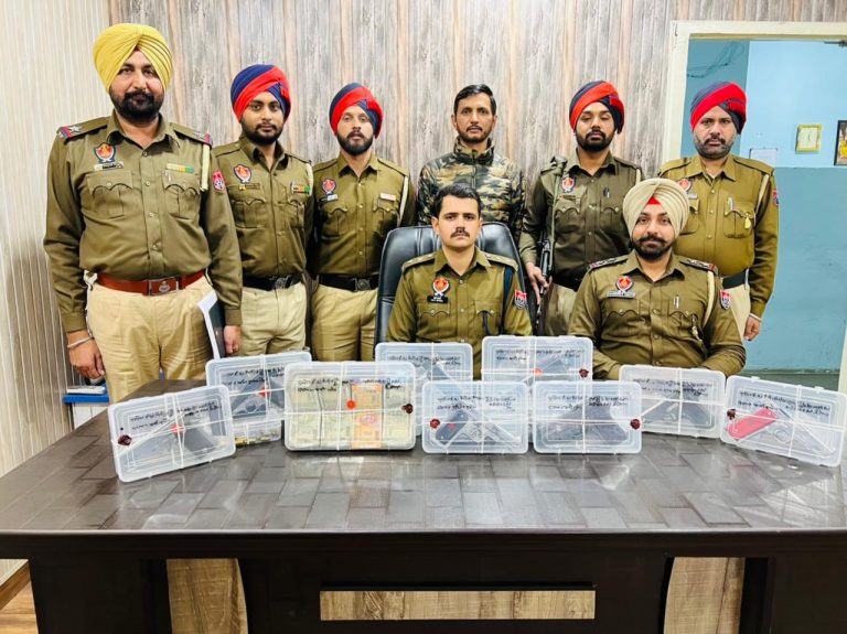 FOUR ARRESTED WITH NINE PISTOLS, 16 LIVE CARTRIDGES, HEROIN AND INTOXICANT POWDER AND DRUG MONEY WORTH RS 2.5 LAKH