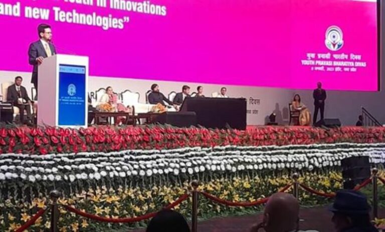 Union Minister Shri Anurag Singh Thakur addresses the plenary session of the Pravasi Bharatiya Divas convention which began in Indore