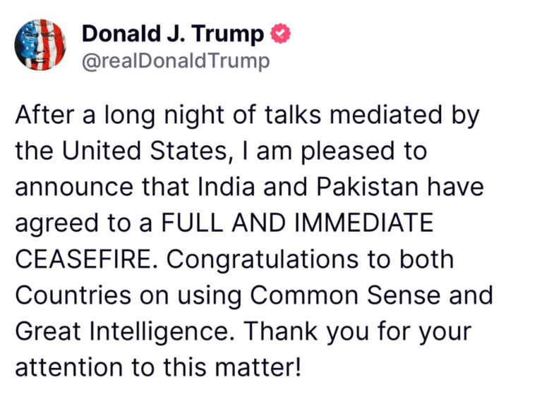 U.S.A. President Donald Trump tweet about IND- Pak Ceasefire !